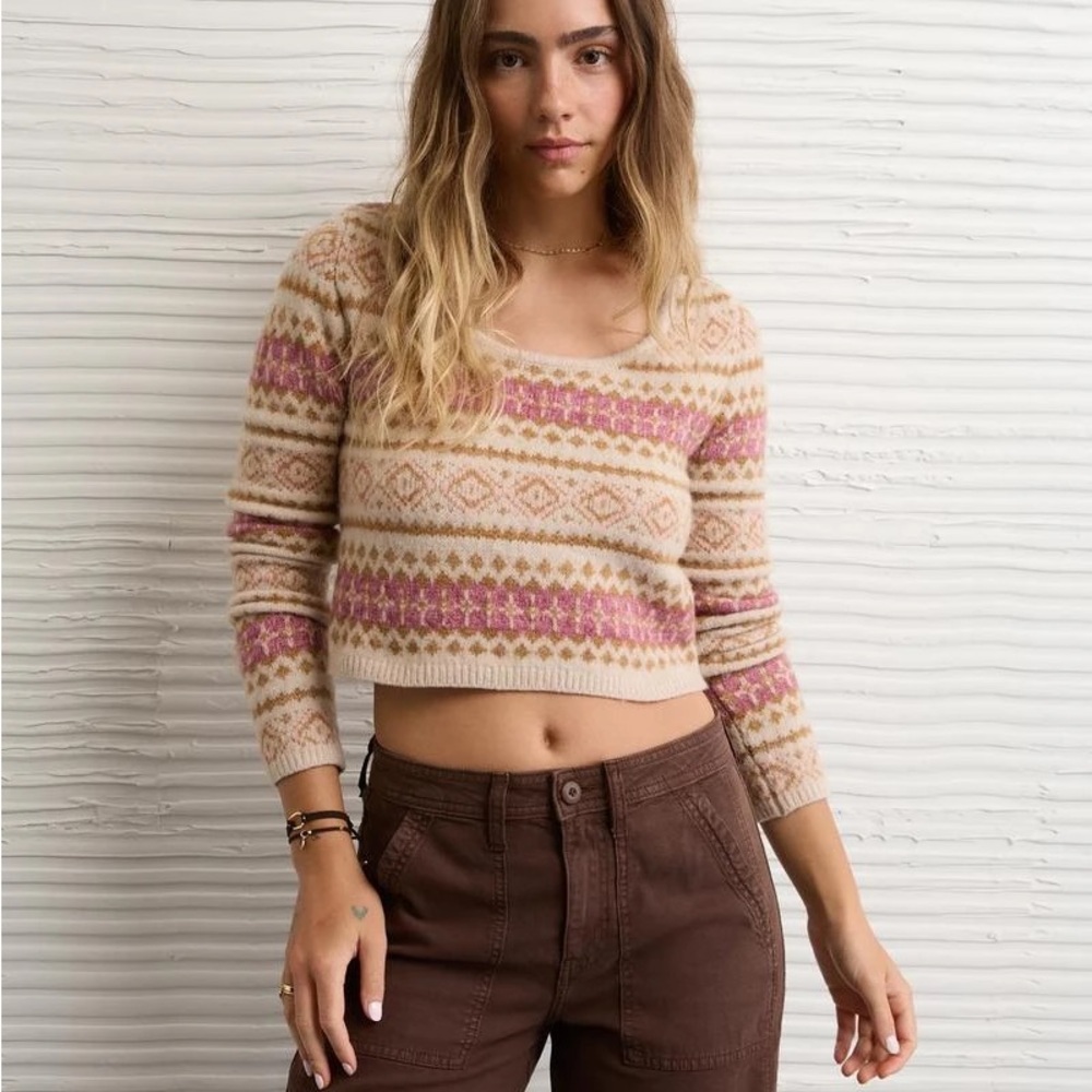 NWT American Eagle Cream Oh So Soft Pink & Tan Fair Isle Cropped Sweater
